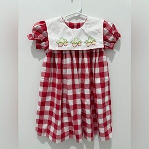 Red and White Checkered Dress with Floral Embroidery